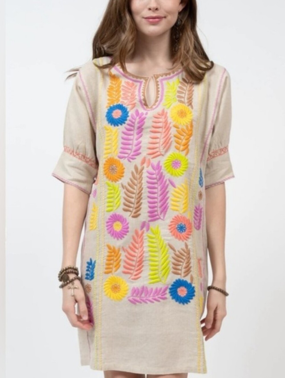 Sister Mary Colorful Floral Embroidered Linen Relaxed Mini Shift Gloria Dress M